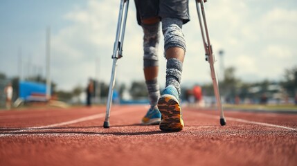Injured runner walking crutches on running track post injury rehabilitation process realistic detailed recovery concept fitness and health theme