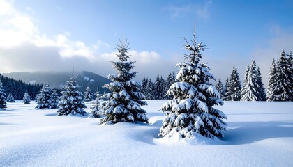 Obraz premium Snowy winter landscape with pine trees