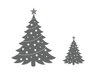 Black and White Christmas Tree Silhouette Vector Set with Festive Lights
