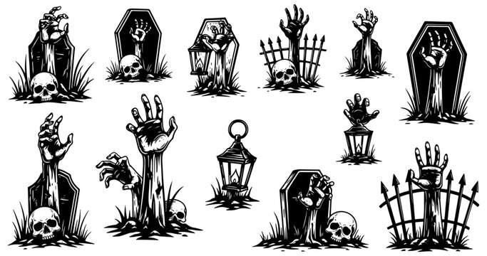 Vector art of collection of spooky halloween illustrations featuring zombie hands emerging from graves and coffins