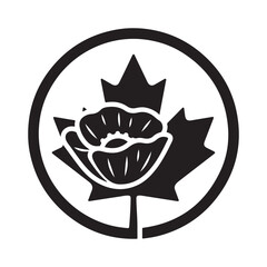 Monochromatic Emblem of a Poppy Flower and Maple Leaf Inside a Circular Border