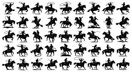 Vector art of silhouette collection of cowboys riding horses and roping