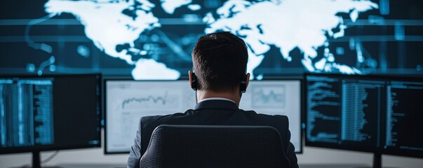 Cybersecurity analyst monitoring multiple screens with threat detection dashboard.