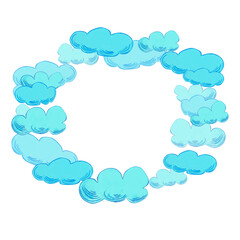 Round frame made of blue clouds on white background. Watercolor illustration fluffy clouds, for text. Suitable for postcards, posters, stickers, invitations, decorative design and fantasy themed.