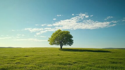 Lone tree on grassy plain, serene sunny day, ideal for nature background