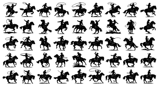 Vector art of silhouette collection of cowboys riding horses and roping