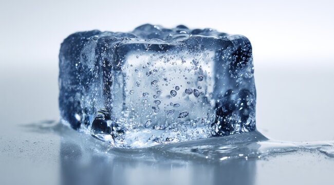 Close-up of a single ice cube melting