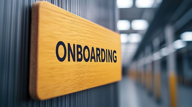 A bright yellow sign reading "ONBOARDING" against a blurred industrial background, indicating a designated area for new arrivals.
