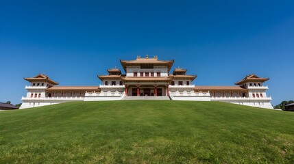 Traditional Asian Palace Complex with Pagoda Architecture on Green Landscape Under Blue Sky"