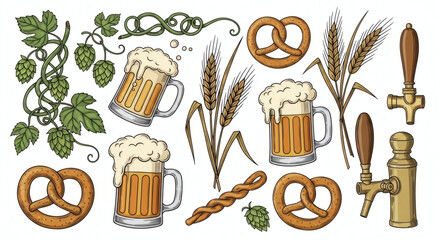 Set of hand drawn hoppy illustrations of beer brewing. Doodle drawings of hops vines, overflowing beer mugs, barley stalks, pretzels, and vintage beer tap handles