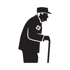Elderly Man Silhouette with Walking Cane and Hat, Featuring a Decorative Emblem