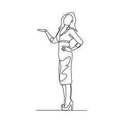 continuous line drawing of standing business woman show presentation meeting pose. Vector illustration editable stroke sketch concept