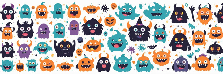 Happy Halloween. Monster colorful silhouette head face icon set line. Eyes, tongue, tooth fang, hands up. Cute cartoon kawaii scary funny baby character. White background. Flat design .Colorful Monste