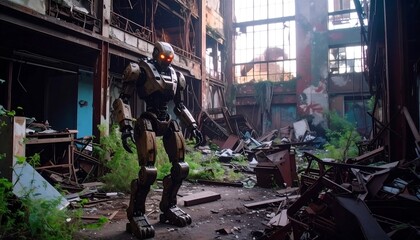 Rusty robot in abandoned factory