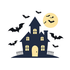 Dark haunted house with bats and full moon halloween spooky