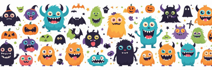Fototapeta premium Happy Halloween. Monster colorful silhouette head face icon set line. Eyes, tongue, tooth fang, hands up. Cute cartoon kawaii scary funny baby character. White background. Flat design .Colorful Monste