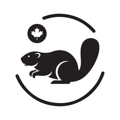 Stylized Black Beaver and Maple Leaf Icon with Curved Lines