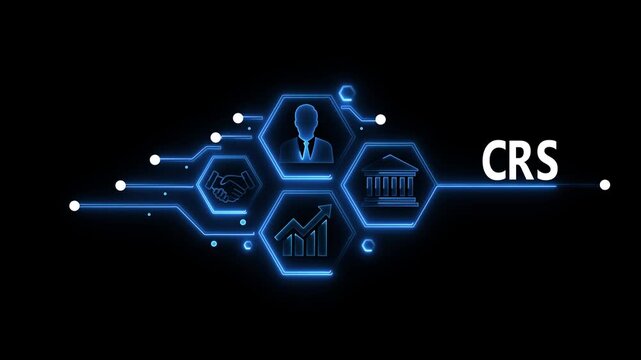 Glowing "CRS button in business man on a futuristic, abstract wave technology on black background. Abstract neon Hud knowledge ability business graph icon Glowing neon line concept.