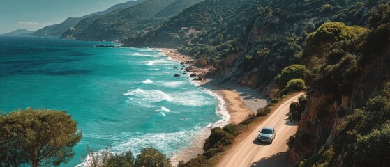 Car drives along coastal road near beach with turquoise water in Greece aerial view vacation travel tourism