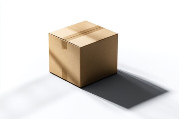 Fototapeta premium Isolated cardboard box on white backdrop with shadow from sunlight; studio shot, high angle, product photography