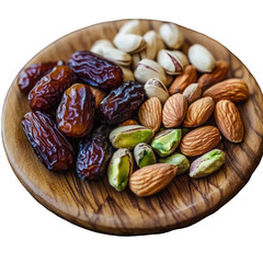 Assortment of dried fruits and nuts in a wooden bowl isolated on transparent background