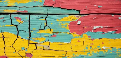 Cracked, peeling paint on aged wood surface revealing layers of color, wallpaper, damaged