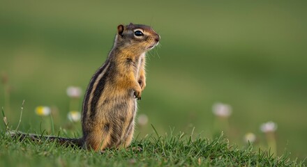 A Goldenmantled Ground Squirrel stands upright on a grassy field gazing to its right