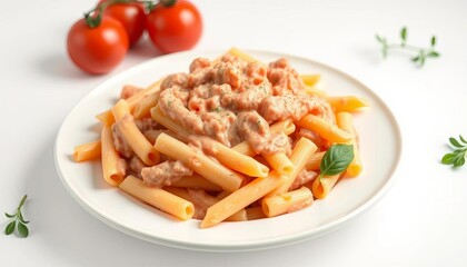 Penne pasta in creamy pink vodka sauce, isolated on white,  lunch,   tomato sauce