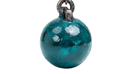 Dark teal wrecking ball hanging from chain on white background. 