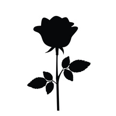 Black silhouette of a single rose with leaves flower white