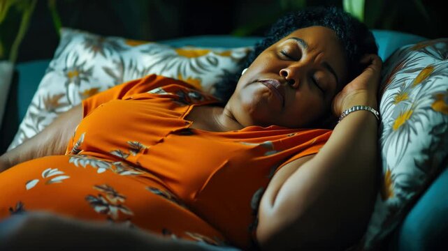 A resting woman in a comfortable indoor setting, with relaxed facial expression and closed eyes. She is wearing casual wear suitable for home settings, indicating a sense of ease and tranquility.