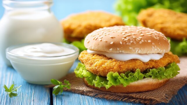 Crispy Chicken Sandwich with Lettuce and Milk Close Up Still Life on Blue Wood Table Top View - Powered by Adobe