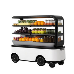 Autonomous delivery robot filled with fresh produce and drinks isolated on transparent background