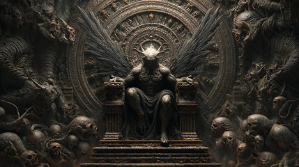A formidable demon king sits enthroned amidst a macabre tableau of skulls, radiating an aura of...