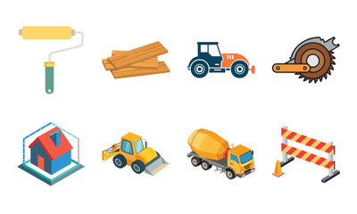 Naklejka premium Construction and Building Icons Set – Architecture Tools, Engineering Equipment, Construction Site, Crane, Safety Helmet, Concrete Mixer, Bulldozer, Power Drill, Saw, Hammer, Ruler, Paint Roller, Wood