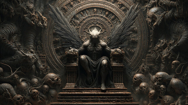 A formidable demon king sits enthroned amidst a macabre tableau of skulls, radiating an aura of darkness, evil, and gothic horror in a nightmarish fantasy realm