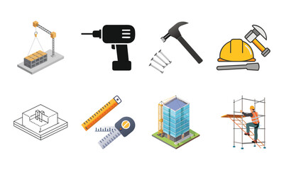 Construction and Building Icons Set – Architecture Tools, Engineering Equipment, Construction Site, Crane, Safety Helmet, Concrete Mixer, Bulldozer, Power Drill, Saw, Hammer, Ruler, Paint Roller, Wood