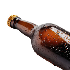 Cold amber glass beer bottle with water droplets isolated on transparent background