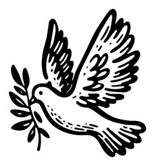 Flying dove carrying olive branch – symbolic peace bird line art illustration