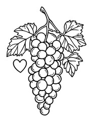 Bunch of grapes with leaf and heart &ndash; elegant wine and harvest line art illustration