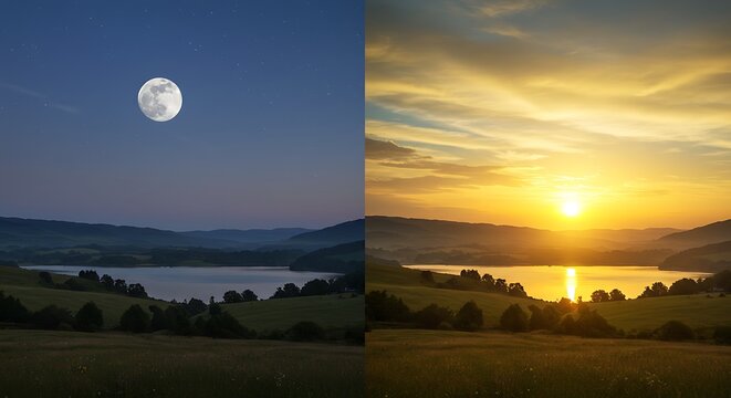 A split image showcasing a serene lake landscape under the moonlit night and the vibrant sunrise.