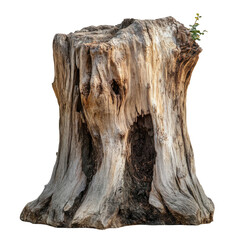 Detailed weathered ancient tree stump with rough bark and roots isolated on transparent background