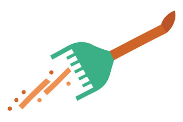 Stylized garden rake illustration ejecting dirt and debris with brown handle
