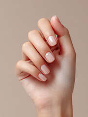 Close up photo of woman hand displaying neatly manicured nails with glossy, nude varnish against soft, neutral background. hand is elegantly posed, showcasing smooth finish and natural beauty