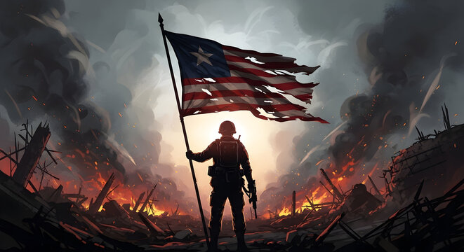 Soldier standing before burning battlefield holding a torn national flag as meteors fall &mdash; powerful wartime hero silhouette at dawn