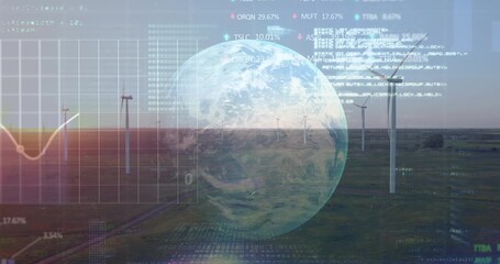 Animation of graphs, globe and data processing over wind turbine at sunset - Powered by Adobe