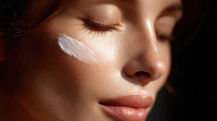 Fototapeta premium Close up of woman with closed eyes, showcasing creamy skincare product applied to her cheek. soft lighting highlights her smooth skin and texture of cream, evoking sense of tranquility and self