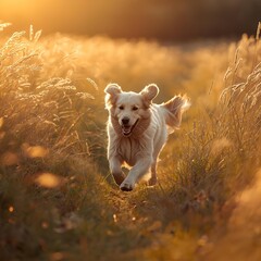Golden Retriever Running Joyfully in a Sunlit Meadow at Sunset
