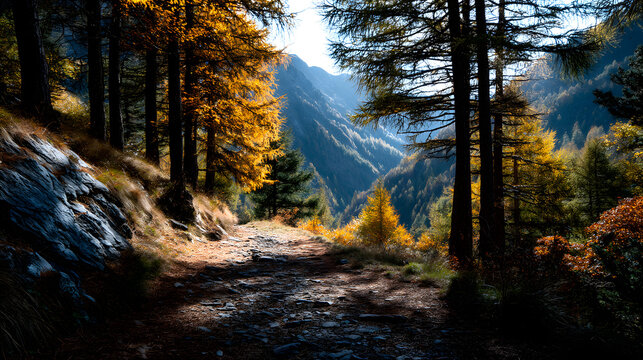 Autumn trees with golden foliage lining a mountain pth, illuminated by soft wam sunlight.