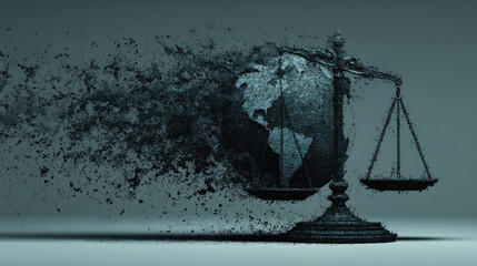 Image depicts symbolic representation of justice, featuring scale and globe that appears to be disintegrating. This visual metaphor conveys erosion of international law and fragility of justice